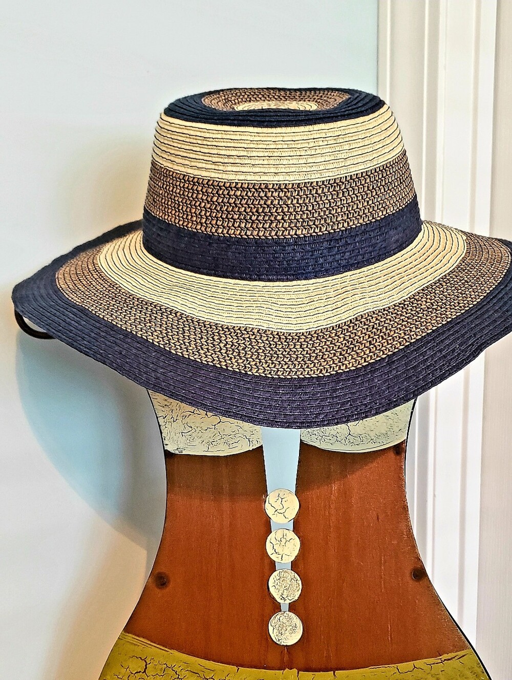 Panama Jacks Women's Stripped Straw Sun Hat Wide Brim Navy Tan One Size - Picture 3 of 7